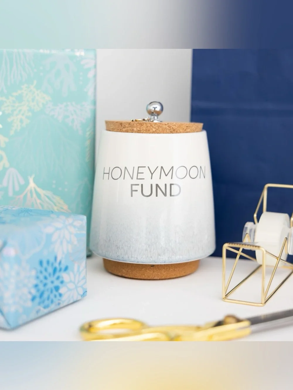 Honeymoon Fund Ceramic Money Jar with Cork Lid & Cute Little Metal Money Design